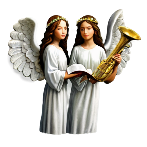 3 floating angels face on blowing trumpets with bible - icon | sticker