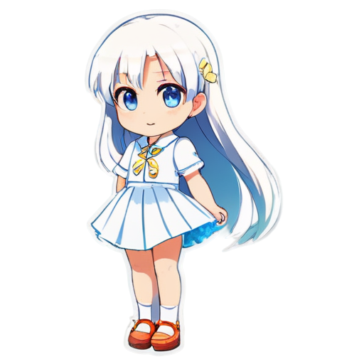 blue eyes, white hair, super deformed, chibi girl, kawaii, japanese, illustration, skirt, summer, pure white dress, himawari, holy, pixel - icon | sticker