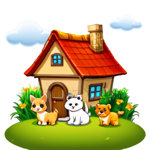 There is a house on the grass and there are animals around. - icon | sticker