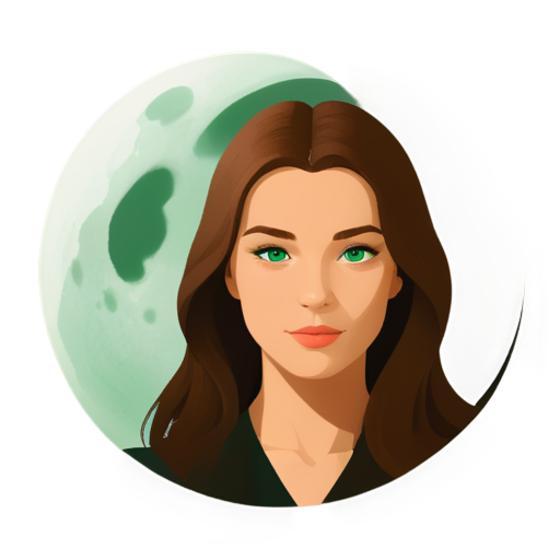 lawyer slavic brownhaired, green eyes girl with the moon on background, cartoon - icon | sticker