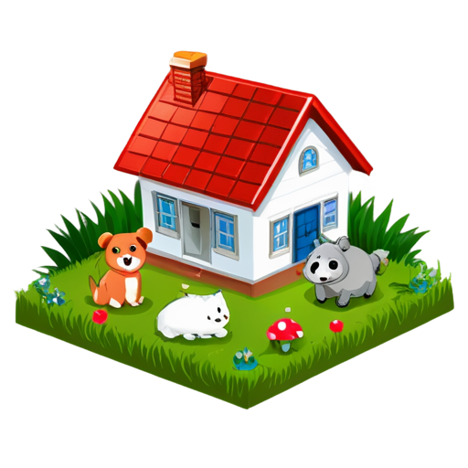 There is a house on the grass and there are animals around. - icon | sticker