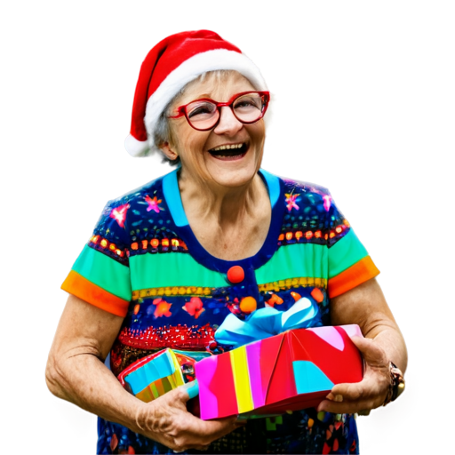 Elderly woman in bright multi-colored cheerful fashionable clothes and glasses and festive cap holding gifts in hands and laughing - icon | sticker