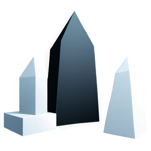 Minimalistic scene with 3 solid prisms representing buildings. The prisms should be monochromatic B&W, no lights, no shadows, no textures, flat geometric shapes. No background or sky - icon | sticker