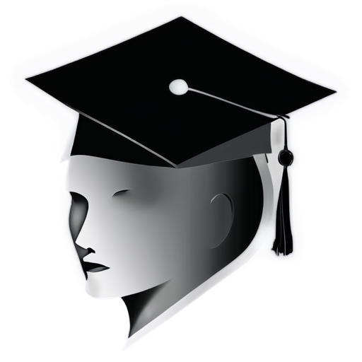 Design a minimalist black and white icon that features a stylized brain wearing a graduation cap. The brain should be depicted with clean, smooth lines to emphasize its shape, while the graduation cap should sit atop it at an angle to represent education and achievement. The overall design should convey a sense of intelligence and aspiration, utilizing negative space effectively to create a striking and professional look. The black and white color scheme should enhance the contrast and sophistication of the icon. - icon | sticker