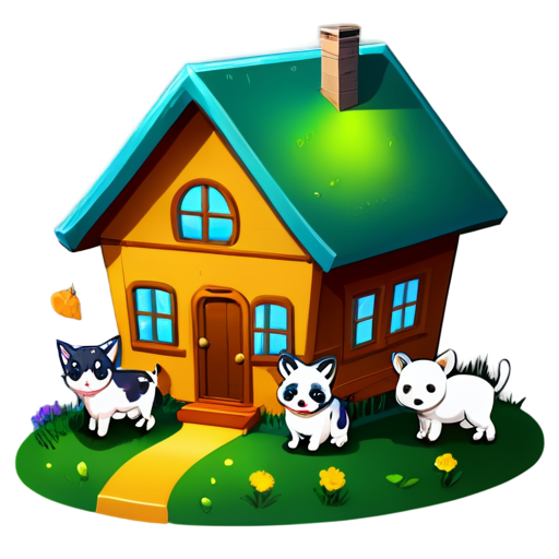 There is a house on the grass and there are animals around. - icon | sticker