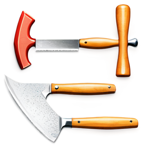 Medieval simple poor carpenter tools, saw, chisel, hammer - icon | sticker