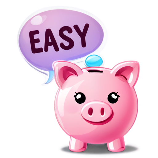 A piggy bank popped up with a bubble containing the English word 'easy' - icon | sticker