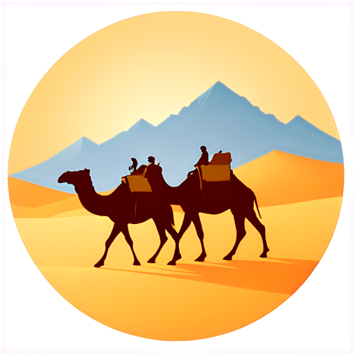 Camel Caravan on Mountain and Desert Landscape: Use a minimalist camel caravan image set against a background that hints at both mountains (such as the Pamirs or Tien Shan) and desert dunes. This combines Central Asia’s diverse geography associated with the Silk Road. - icon | sticker