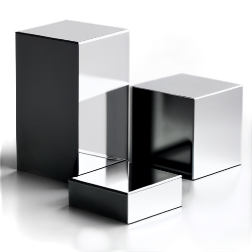 Minimalistic scene with 3 solid prisms representing buildings. The prisms should be monochromatic B&W, no lights, no shadows, no textures, flat geometric shapes. No background or sky - icon | sticker