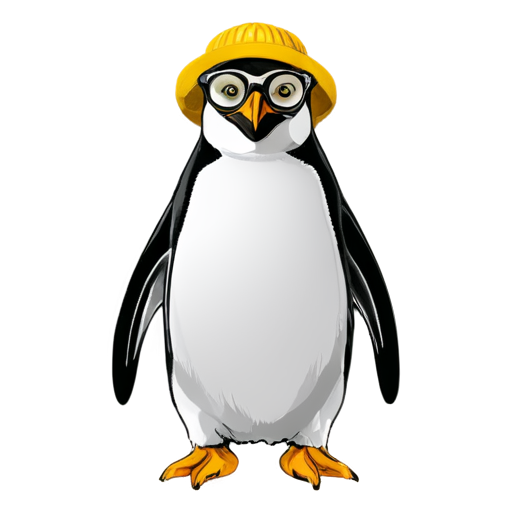 An adult daring penguin psychologist, male, in round glasses, in black and white colors with elements of yellow on the abdomen, in a hat, in the style of vector graphics - icon | sticker