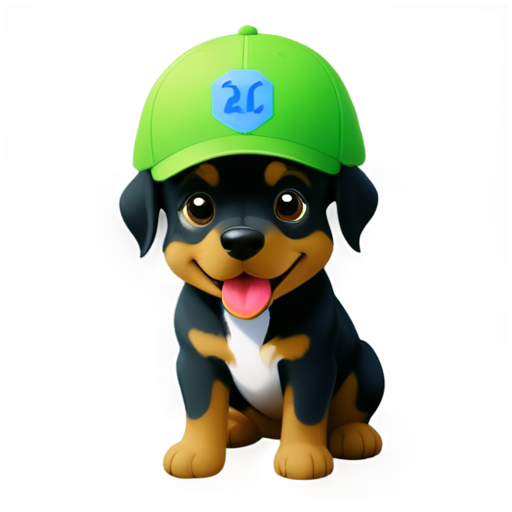 Happy blue and green dog with a cap with the inscription "————-" - icon | sticker