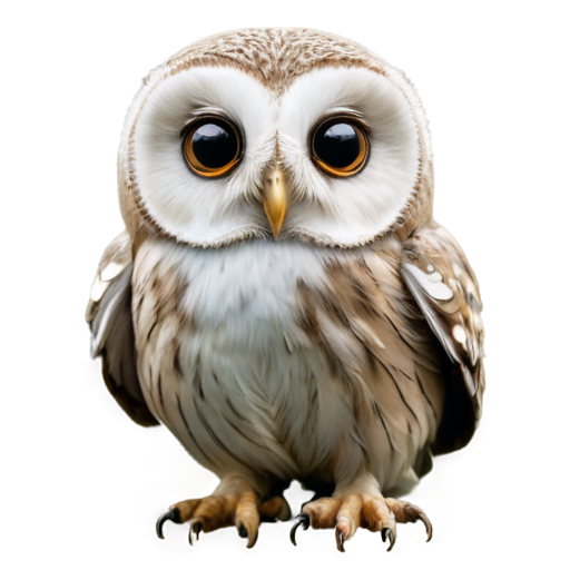 A small owl with large round eyes, a small beak, and tiny wings. Use soft, earthy tones like light browns and grays. - icon | sticker