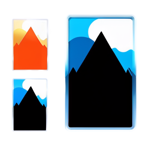 range of great mountain peaks with glaciers in the background. foreground includes a silhouette of a man with a expeditions backpack, he hiking up to the mountain top. Far lower in background seems part of big glacial lake, some distant pine trees over the hills. Use a stylized mountain shape as a frame around the entire design - icon | sticker