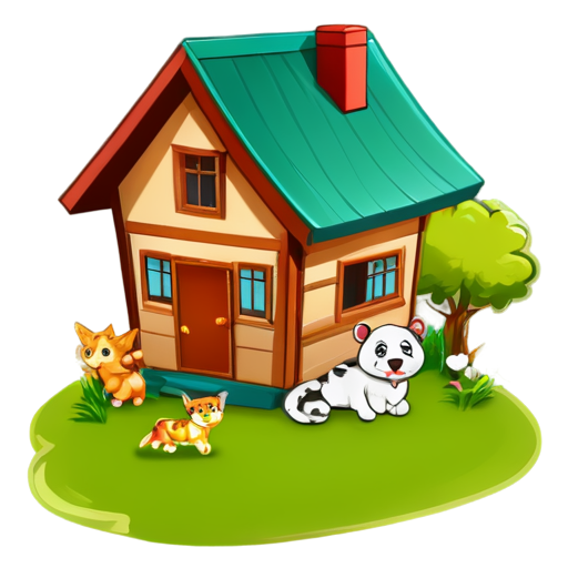 There is a house on the grass and there are animals around. - icon | sticker