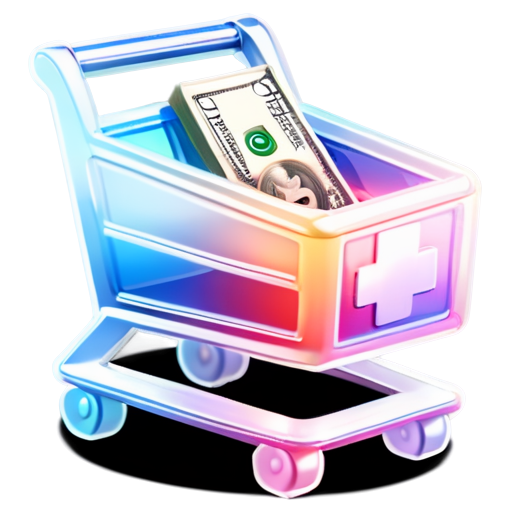 Shopping icon made out of blue, dark and silver metals. 4k, extreme details, vivid colors, 3d shopping cart filled with icons inside and money falling out - icon | sticker