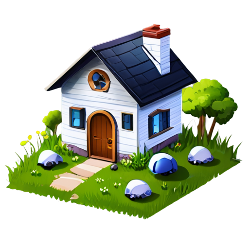 There is a house on the grass and there are animals around. - icon | sticker