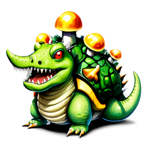 Hybrid: Snail, shell, tank, guns, toadstools, smoke, crocodile, dinosaur, demon, nurgle warhammer, warhammer, fantasy. 2d, anime style, realism, high detail, high definition, high resolution, high rendering, watercolor, markers, gouache, oil paints, ink, colored pencils, pastel - icon | sticker