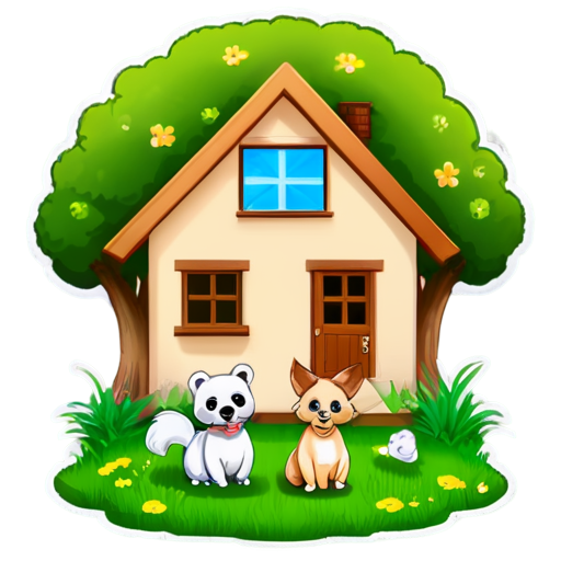 There is a house on the grass and there are animals around. - icon | sticker