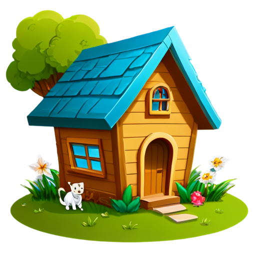 There is a house on the grass and there are animals around. - icon | sticker