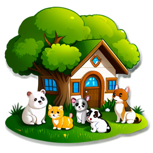 There is a house on the grass and there are animals around. - icon | sticker