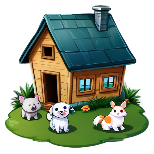 There is a house on the grass and there are animals around. - icon | sticker