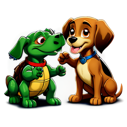 Poster of a fight between dogs named Lady from the 1955 cartoon "Lady and the Tramp" against Turtle Leonardo from "Teenage Mutant Ninja Turtles" 1990 - icon | sticker