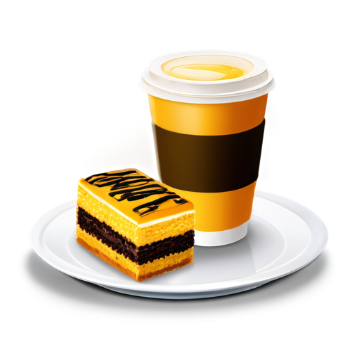 coffee to go and cake on a plate in yellow-orange colors - icon | sticker