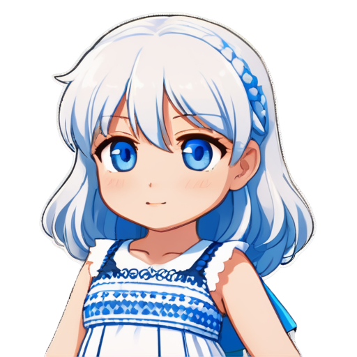 blue eyes, white hair, super deformed, chibi girl, kawaii, illustration, skirt, summer, pure white dress, himawari, holy, pixel, anime_style - icon | sticker