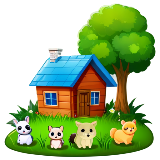 There is a house on the grass and there are animals around. - icon | sticker