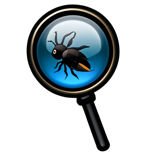 The icon should have a clean, modern style, without cartoonish elements. Include: QA icon with a magnifying glass and bug - icon | sticker