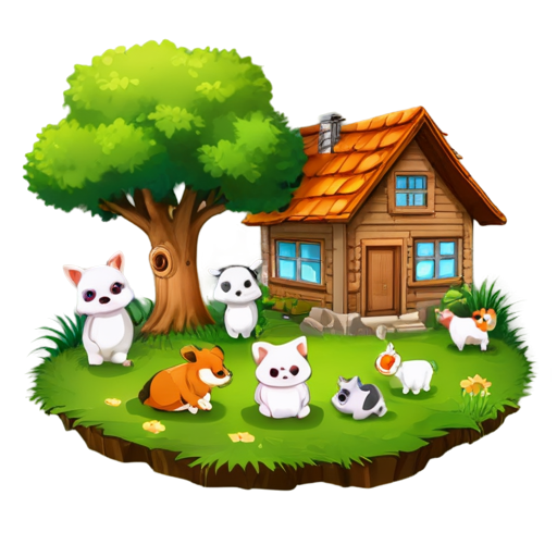 There is a house on the grass and there are animals around. - icon | sticker