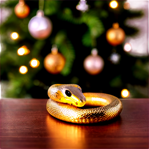 golden snake coiled in the shape of a heart against the background of a Christmas tree with gifts 2025 - icon | sticker