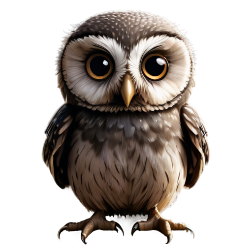 A small owl with large round eyes, a small beak, and tiny wings. Use soft, earthy tones like light browns and grays. - icon | sticker