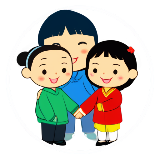 Above the Circle icon is the arced Chinese text"父母育儿志"，In the middle of the icon are three little people holding hands, two adults and one child, and the adults are the parents of the children. - icon | sticker