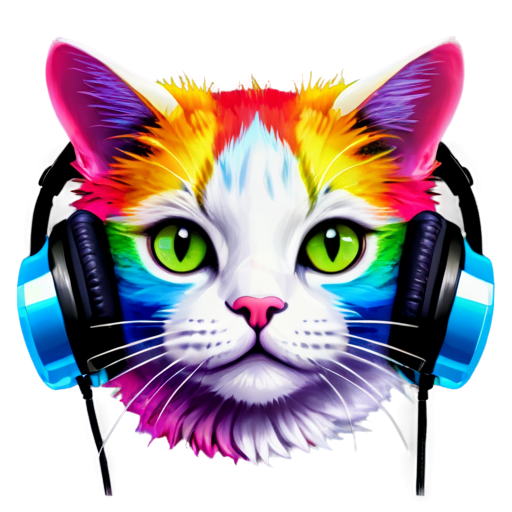 A rainbow cat head with headphones - icon | sticker