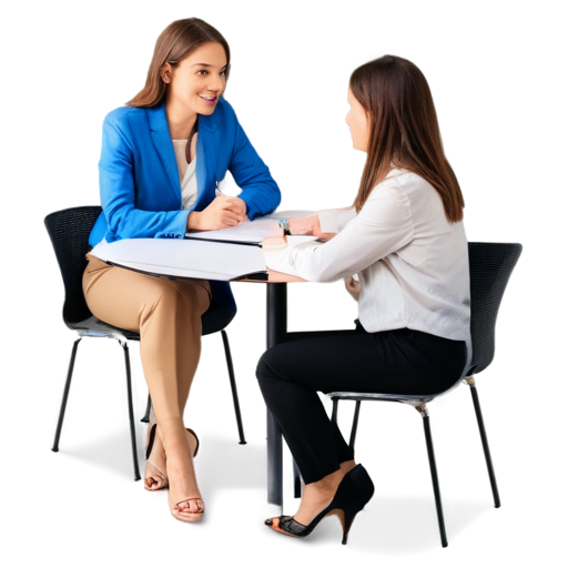 woman designer sitting um a chair, with a clipboard writing, face to face with a client chatting also sitting. there is a table between then. show all scene. there are two woman - icon | sticker