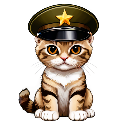 Angry kitten with brown eyes arms crossed in army generals uniform and hat with generals star cartoon - icon | sticker