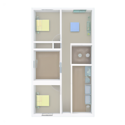 floor plan with several rooms, furnished, modern style, white doors and windows, curtains, pictures, carpets, with kitchen, living room, bedroom, entrance hall, TV room, office, children's room - icon | sticker