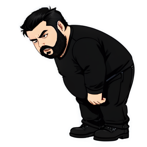 fat bearded man with BLACK darkhair and gray almost white beard and moustache, dressed in black tactic wear, with nothing in his hands, and wearing black boots, big open eyes and angry exression - icon | sticker