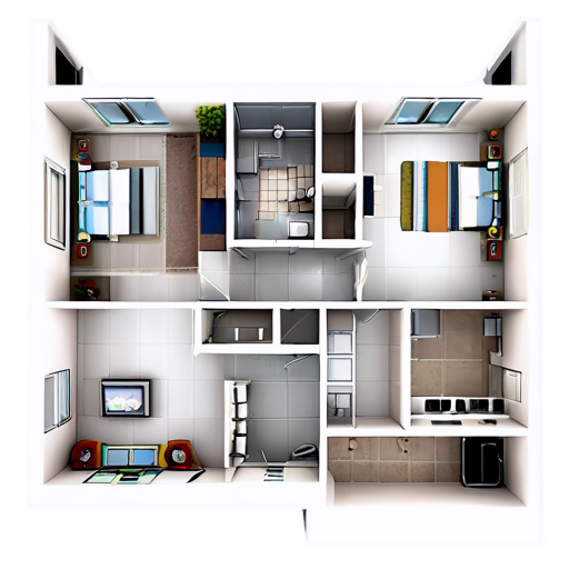 floor plan with several rooms, furnished, modern style, white doors and windows, curtains, pictures, carpets, with kitchen, living room, bedroom, entrance hall, TV room, office, children's room - icon | sticker