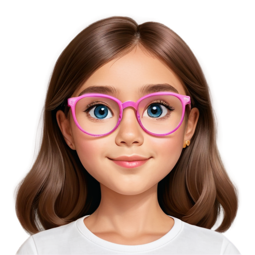 Draw a six-year-old girl with sparkling blue eyes and pink glasses, brown hair below the shoulders, in the Pixar style. Be sure to capture the essence of sweetness and expressiveness typical of Pixar animations, with charming details and a positive vibe - icon | sticker