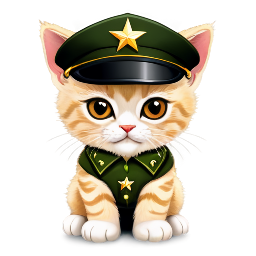 Angry kitten with brown eyes arms crossed in army generals uniform and hat with generals star cartoon - icon | sticker
