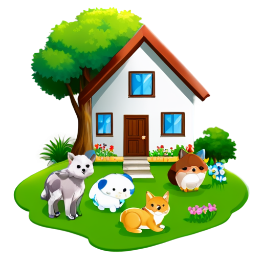 There is a house on the grass and there are animals around. - icon | sticker