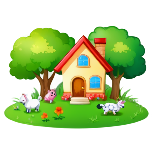 There is a house on the grass and there are animals around. - icon | sticker