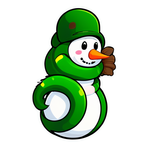 A cute green snake hugs a snowman - icon | sticker