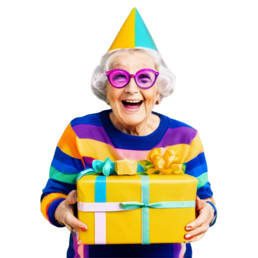 Elderly woman with bright makeup in bright multi-colored fashionable clothes and funny glasses and birthday cap holding gifts in hands and laughing - icon | sticker