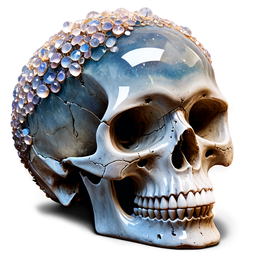 An ornate skull is decorated with auraquartz crystals. Lit by torchlight. In a crystal cavern. - icon | sticker