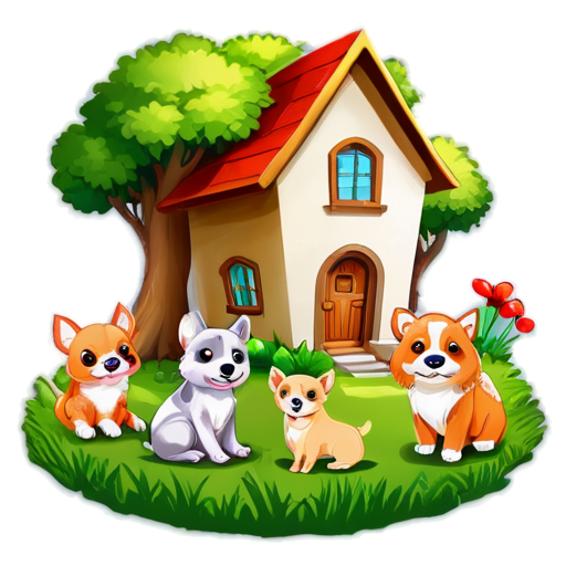 There is a house on the grass and there are animals around. - icon | sticker