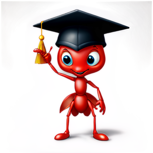 A cute 3d red ant wearing a black graduation cap stands on two legs - icon | sticker