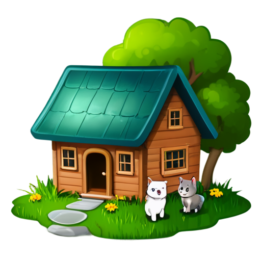 There is a house on the grass and there are animals around. - icon | sticker